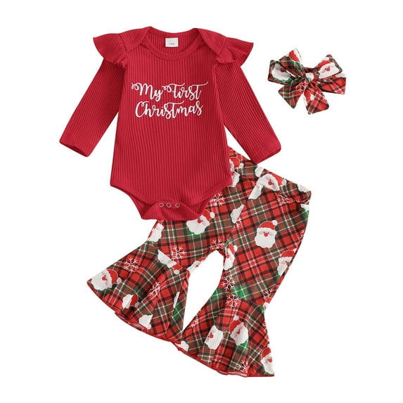 Baby Toddler Girl Christmas Outfit, 0 3 6 12 18 Months Letter Print Ruffle Long Sleeve Romper Santa Claus Plaid Flare Pants Headband 3 Piece Clothing Set