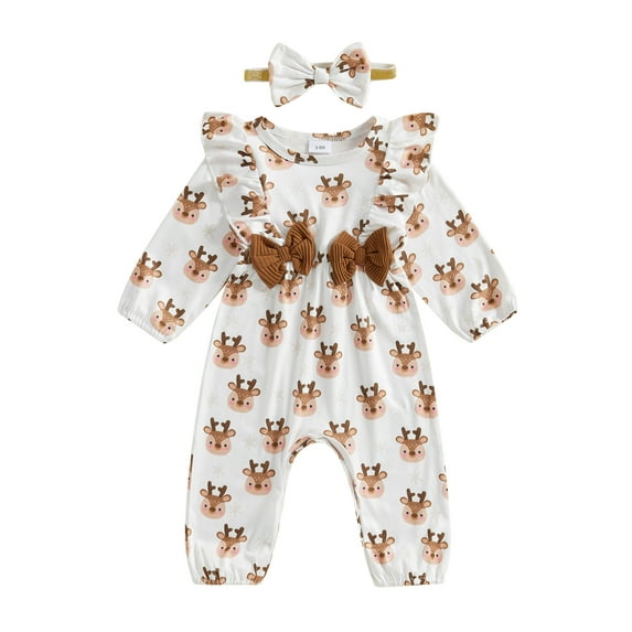 Baby Toddler Girl Christmas Outfit, 0 3 6 9 12 18 Months Reindeer Print Ruffle Long Sleeve Full Length Romper with Bow Headband 2 Piece Clothing Set