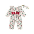 thumbnail image 1 of Baby Toddler Girl Christmas Outfit, 0 3 6 9 12 18 Months Reindeer Print Ruffle Long Sleeve Full Length Romper with Bow Headband 2 Piece Clothing Set, 1 of 9