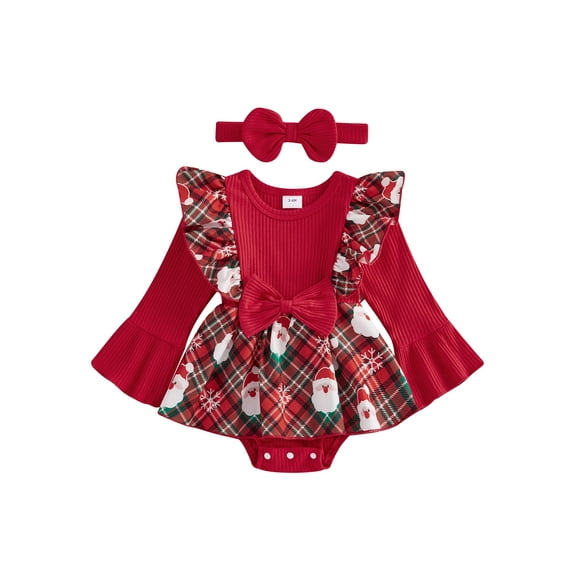 Baby Toddler Girl Christmas Romper Dresses Outfit, 0 3 6 12 18 Months Santa Claus Print Plaid Ruffle Long Sleeve Romper Dress Bow Headband 2 Piece Set