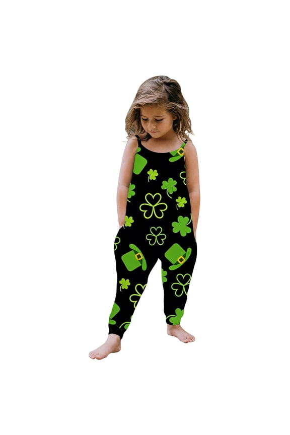 Baby Toddler Girl Cute Strap Jumpsuit St Patrick's Day One Piece Romper With Pockets Black 1 Y-2 Y