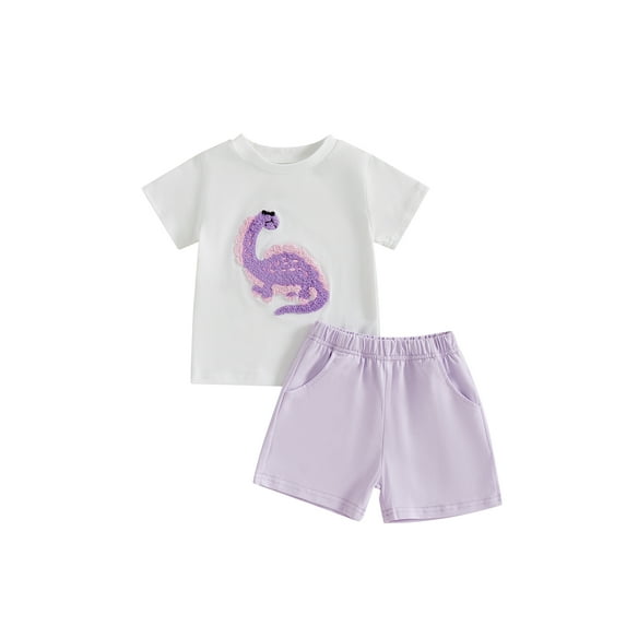 Baby Toddler Girl Dinosaur Outfit 3 6 12 18 24 Months 2T 3T Embroidery Short Sleeve T-shirt Solid Color Shorts with Pockets 2 Pcs Summer Clothing Set