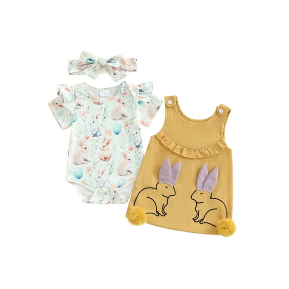 Baby Toddler Girl Easter Outfit 3 6 12 18 Months Bunny Egg Ruffle Short Sleeve Romper Overall Dress Tie-up Headband 3 Piece Spring Clothing Set