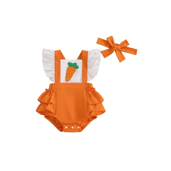 Baby Toddler Girl Easter Outfit 3 6 9 12 18 Months Carrot Fake Two-Piece Fly Sleeve Bodysuit Tie-up Headband 2 Pcs Clothing Set