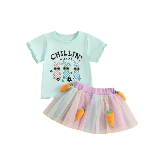 Baby Toddler Girl Easter Outfit 6 12 18 24 Months 2T 3T 4T Bunny Letter Print Short Sleeve T-shirt Plush Carrot Tulle Skirt 2 Pcs Clothing Set