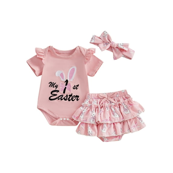 Baby Toddler Girl Easter Outfits 3 6 12 18 Months Letter Embroidery Crew Neck Short Sleeve Romper Ruffles Shorts Headband 3Pcs Clothes Set