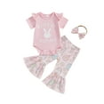 thumbnail image 1 of Baby Toddler Girl Easter Outfits 3 6 12 18 Months Letter Rabbit Print Short Sleeve Romper Flare Pants Headband 3Pcs Clothes Set, 1 of 9