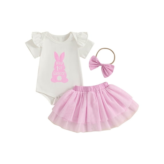 Baby Toddler Girl Easter Outfits 3 6 12 18 Months Rabbit Print Crew Neck Short Sleeve Romper Tulle Skirts Headband 3Pcs Clothes Set