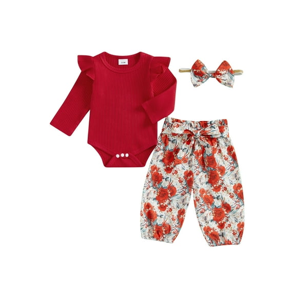 Baby Toddler Girl Fall Outfit, 0 3 6 12 18 24 Months Ruffle Long Sleeve Ribbed Romper Elastic Waist Pants with Fixed Belt Bow Headband