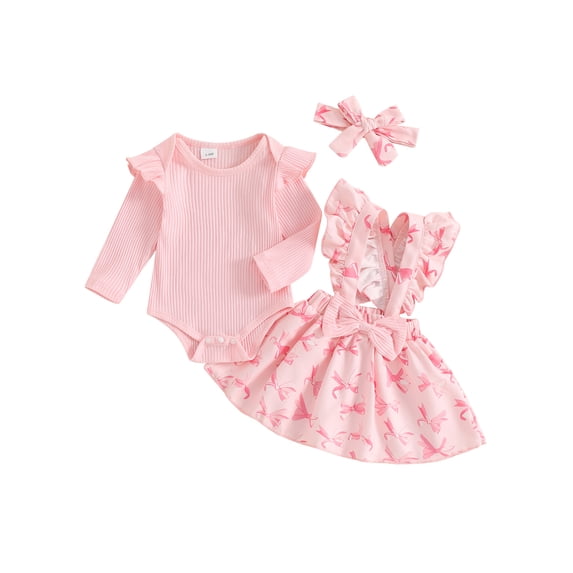 Baby Toddler Girl Fall Outfit, 0 3 6 12 18 Months Ruffle Long Sleeve Ribbed Romper Bow Print Suspender Skirt Tie Headband 3 Piece Clothing Set