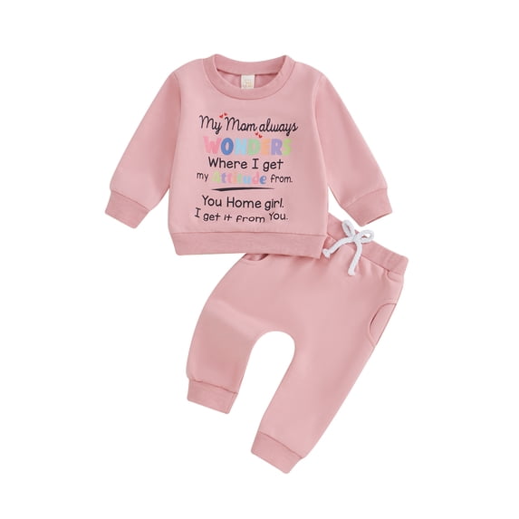 Baby Toddler Girl Fall Outfit, 0 6 12 18 24 Months 2T 3T Letter Print Crew Neck Long Sleeve Sweatshirt Elastic Waist Pants 2 Piece Clothing Set