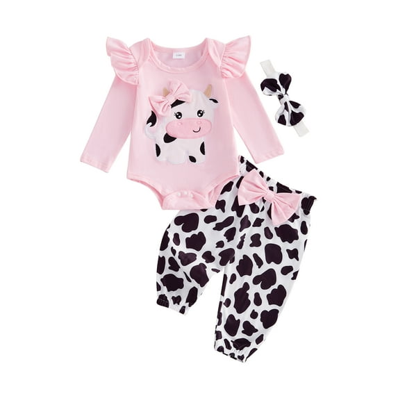 Baby Toddler Girl Fall Outfits 0 3 6 9 12 18 Months Cow Embroidery Long Sleeve Romper Long Pants Headband 3Pcs Clothes Set