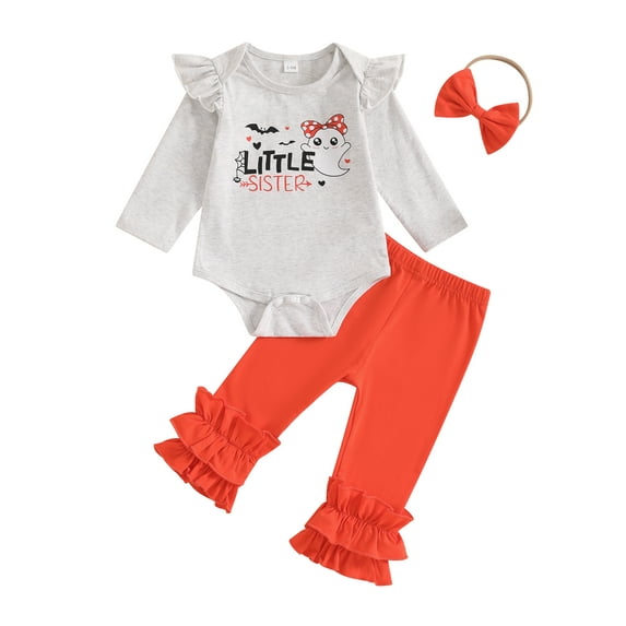 Baby Toddler Girl Halloween Outfit, 0 3 6 12 Months Ghost Letter Print Long Sleeve Romper Elastic Waist Ruffle Pants Bow Headband 3 Piece Clothing Set