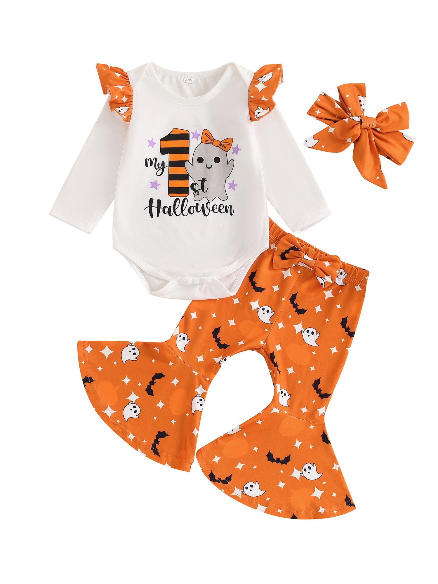 Baby Toddler Girl Halloween Outfits 0 3 6 12 Months Long Sleeve Romper + Bow Bell Bottoms + Headband Set One Year Old Clothes