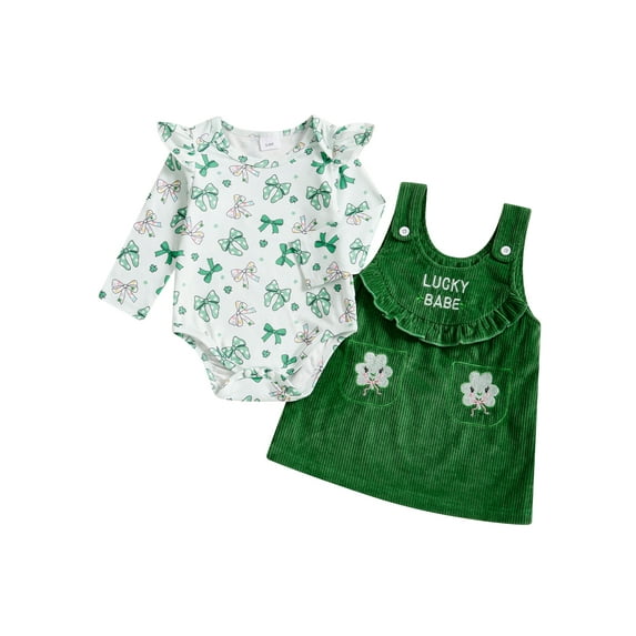 Baby Toddler Girl Irish Outfit 3 6 12 18 Months Clover Print Ruffle Long Sleeve Romper Letter Corduroy Overalls Dress 2 Piece Spring Clothing Set