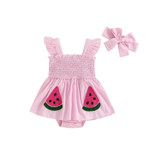 Baby Toddler Girl Plaid Romper Dress 3 6 12 18 Months Watermelon Smocked Fly Sleeve Bodysuit with Headband 2 Pcs Summer Outfit