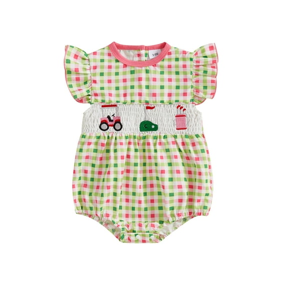 Baby Toddler Girl Romper 3 6 12 18 Months Embroidery Plaid Pattern Crew Neck Ruffled Flying Sleeve Smocked Newborn Jumpsuit Perfect for Summer