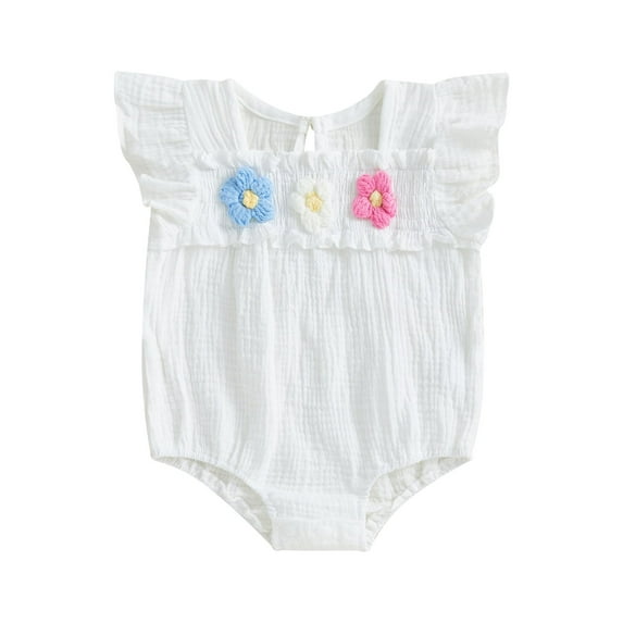Baby Toddler Girl Romper 3 6 9 12 Months Smocked Flower Embroidery Flying Sleeve Newborn Jumpsuit Perfect for Summer