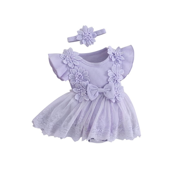 Baby Toddler Girl Romper Dresses 0 3 6 12 18 Months Mesh Lace Patchwork Ruffle Bodysuit Dress and Headband Cute Summer Clothing
