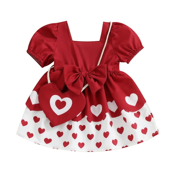 Baby Toddler Girl Set, Short Sleeve Square Neck Heart Print 3D Bow Dress + Heart Shape Crossbody Bag for Party Wedding