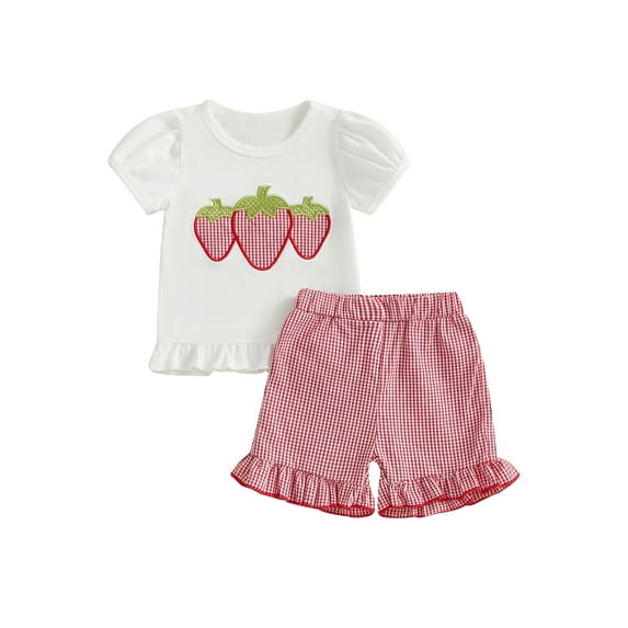 Baby Toddler Girl Strawberry Outfit 3 6 12 18 24 Months 2T 3T Fruit Embroidery Short Sleeve Ruffle Tops Plaid Ruffle Shorts 2 Piece Summer Clothing Set