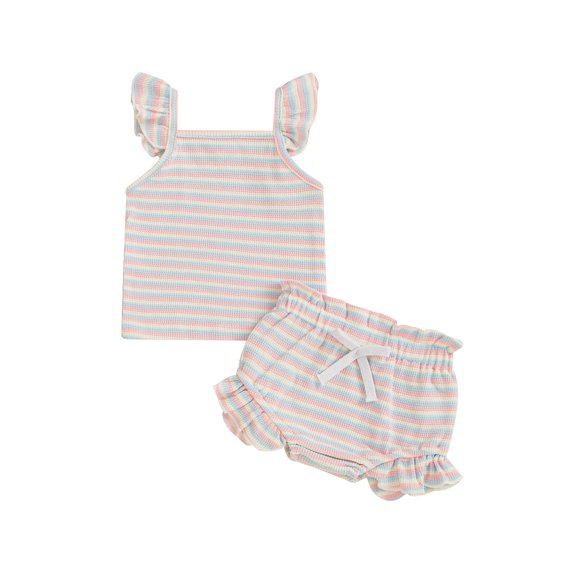 Baby Toddler Girl Striped Outfit 3 6 12 18 24 Months Fly Sleeve Cami Tops Elastic Waist Ruffle Shorts 2 Piece Summer Clothing Set