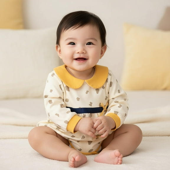 Soft Cotton Baby Bodysuit with Adorable Dots, Chic Collar, and Stylish Bow for Girls