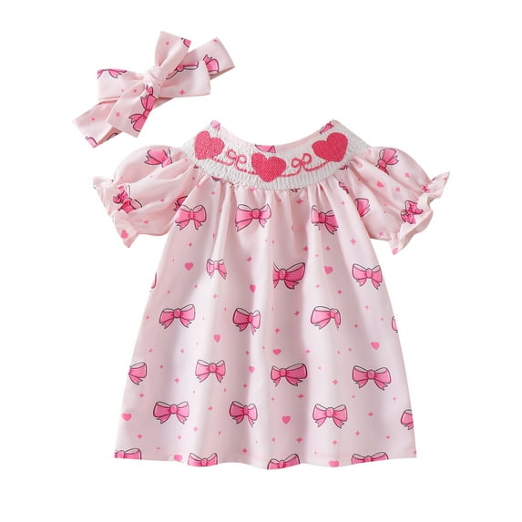 Baby Toddler Girl Summer Dress 6 9 12 18 24 Months 2T 3T Puff Sleeve Round Neck Bow Print Smocked Dress Infant Dress with Headband
