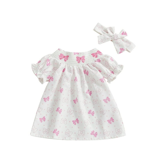 Baby Toddler Girl Summer Dress 6 9 12 18 24 Months 2T 3T Puff Sleeve Round Neck Bow Print Smocked Dress Infant Dress with Headband