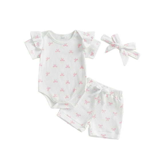 Baby Toddler Girl Summer Outfits 3 6 12 18 Months Bow Print Short Sleeve Romper + Elastic Waist Shorts + Headband 3 Pcs Set