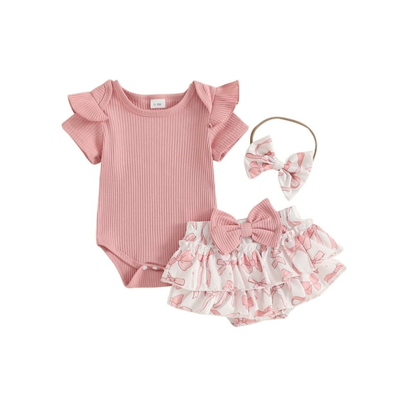 Baby Toddler Girl Summer Outfits 3 6 12 18 Months Solid Color Crew Neck Short Sleeve Romper Bow/Sunflower Print Shorts Headband 3Pcs Clothes Set