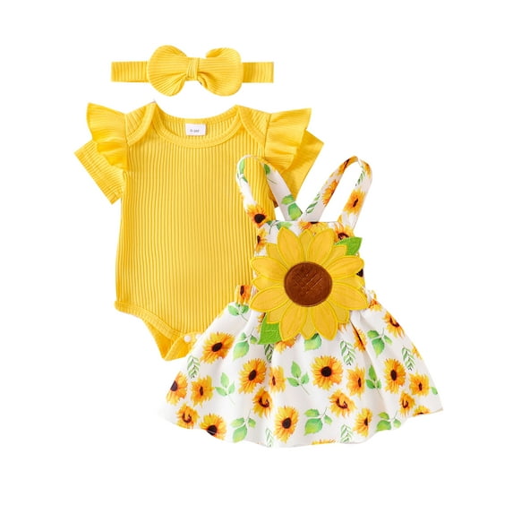 Baby Toddler Girl Summer Outfits 3 6 9 12 18 Months Short Sleeve Romper + Sunflower Suspender Skirt + Headband Clothing Set