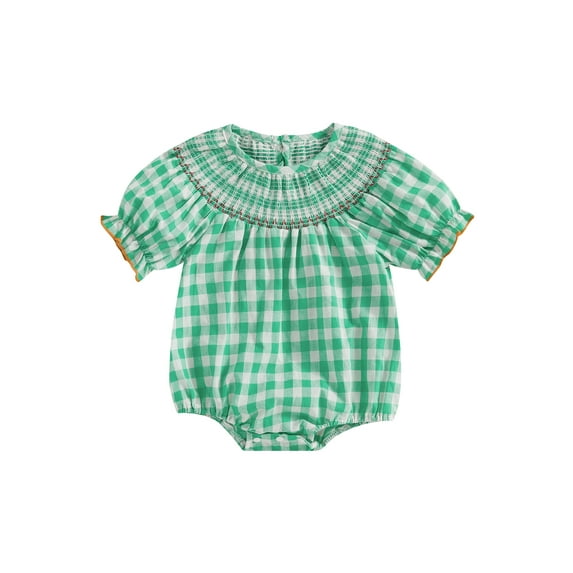 Baby Toddler Girl Summer Romper 0 3 6 12 18 24 Months 2T 3T Classic Short Sleeve Plaid Print Smocked Bodysuit Newborn Playsuit