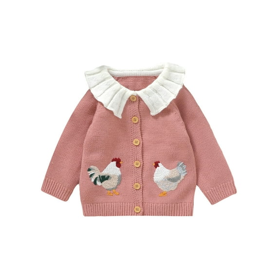 Baby Toddler Girl Sweater Cardigan 6 9 12 18 24 Months 2T 3T Rooster Embroidery Doll Collar Long Sleeve Button Down Tops for Fall Winter