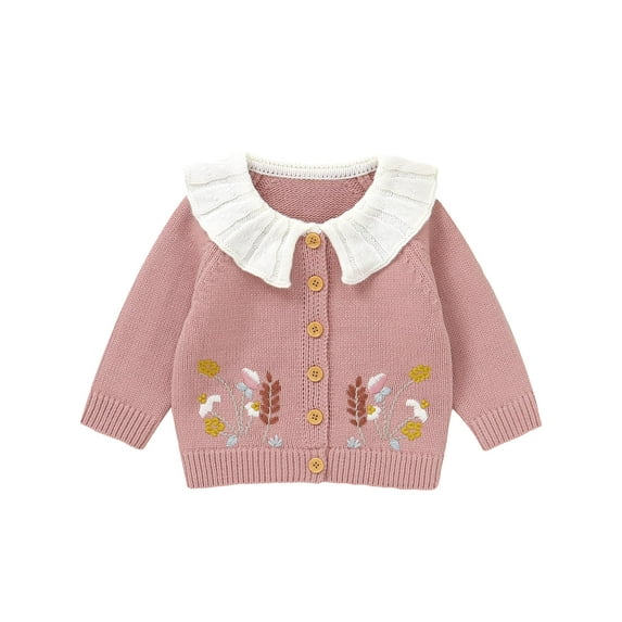 Baby Toddler Girl Sweater Cardigan 6 9 12 18 24 Months 2T 3T Rooster Embroidery Doll Collar Long Sleeve Button Down Tops for Fall Winter