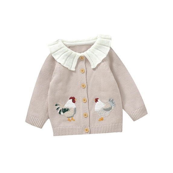 Baby Toddler Girl Sweater Cardigan 6 9 12 18 24 Months 2T 3T Rooster Embroidery Doll Collar Long Sleeve Button Down Tops for Fall Winter
