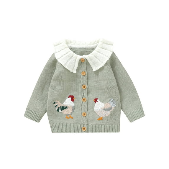 Baby Toddler Girl Sweater Cardigan 6 9 12 18 24 Months 2T 3T Rooster Embroidery Doll Collar Long Sleeve Button Down Tops for Fall Winter