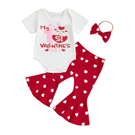 Baby Toddler Girl Valentine's Day Outfits 3 6 12 18 Months Letter Print Short Sleeve Romper Heart Print Flare Pants Headband 3Pcs Clothes Set
