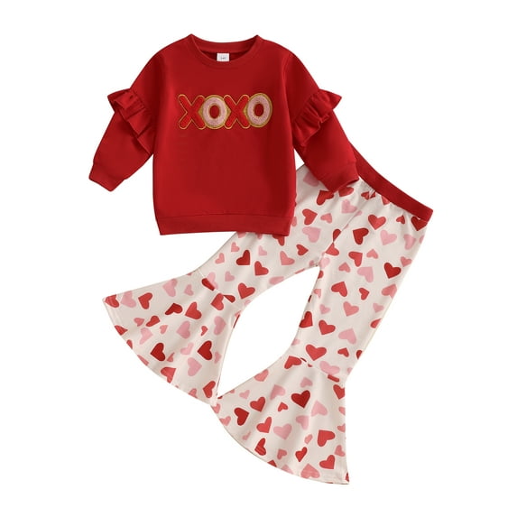 Baby Toddler Girl Valentines Day Outfit 3 6 12 18 24 Months 2T 3T 4T 5T Letter Ruffle Long Sleeve Sweatshirt Heart Flare Pants 2 Piece Spring Clothing Set