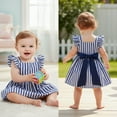 thumbnail image 1 of Toddler Girl Dress - Vintage Blue  White Striped A-Line Dress with Flutter Sleeves  Frills, 1 of 4