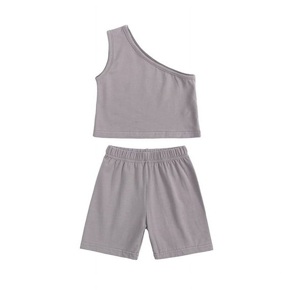 Baby Toddler Girls 2 Piece Shorts Outfit Solid Color One Shoulder Sling Top Summer Short Sleeve Shorts Suit 12M-4Y