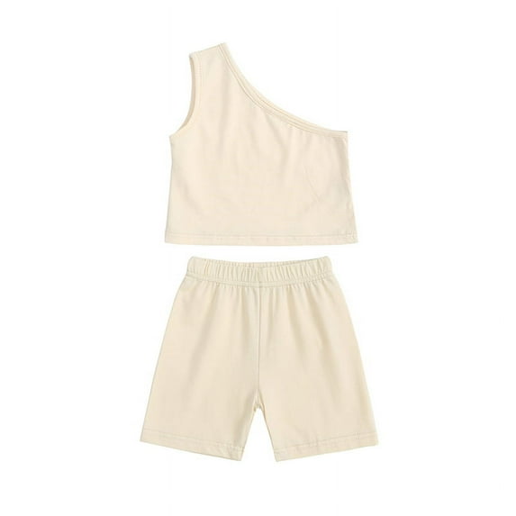 Baby Toddler Girls 2 Piece Shorts Outfit Solid Color One Shoulder Sling Top Summer Short Sleeve Shorts Suit 12M-4Y