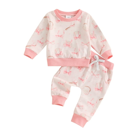 Baby Toddler Girls 2-piece Outfit, 0 6 12 18 24 Months 2T 3T Bow Print Long Sleeve Crew Neck Sweatshirt with Elastic Waist Sweatpants Fall Clothes Set