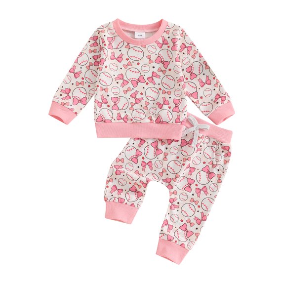 Baby Toddler Girls 2-piece Outfit, 0 6 12 18 24 Months 2T 3T Bow Print Long Sleeve Crew Neck Sweatshirt with Elastic Waist Sweatpants Fall Clothes Set