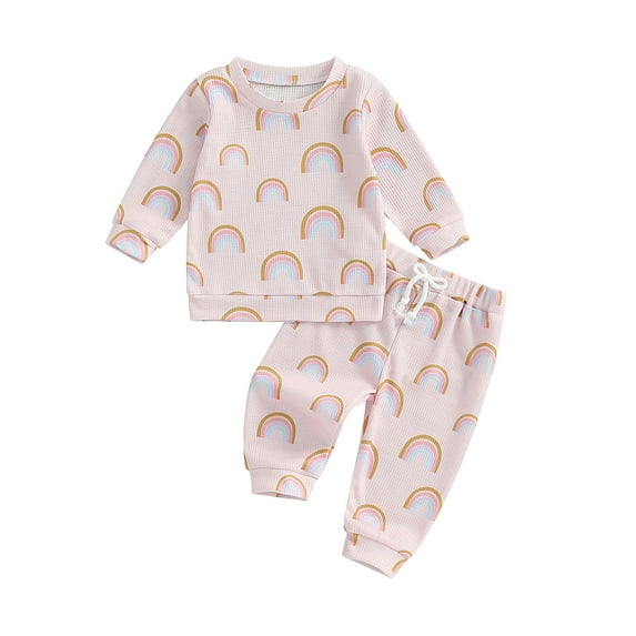 Baby Toddler Girls 2PCS Fall Clothing Sets 0 6 12 18 24 Months 2T 3T Long Sleeve Round Neck Rainbow Print Tops Drawstring Pants Outfits