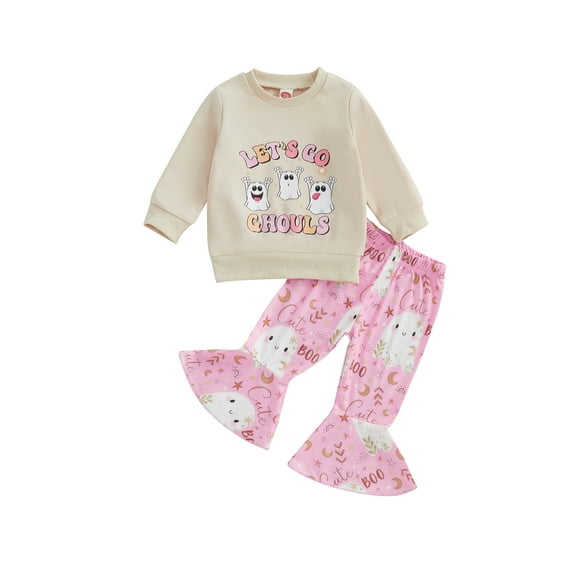 Baby Toddler Girls 2PCS Halloween Clothing Sets 0 6 12 18 24 Months 2T 3T Long Sleeve Letter Pumpkin/Letter Ghost Print Tops Flared Pants Outfits