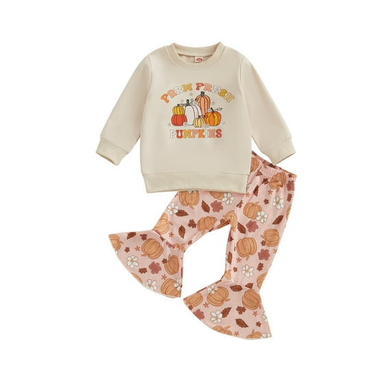 Baby Toddler Girls 2PCS Halloween Clothing Sets 0 6 12 18 24 Months 2T 3T Long Sleeve Letter Pumpkin/Letter Ghost Print Tops Flared Pants Outfits