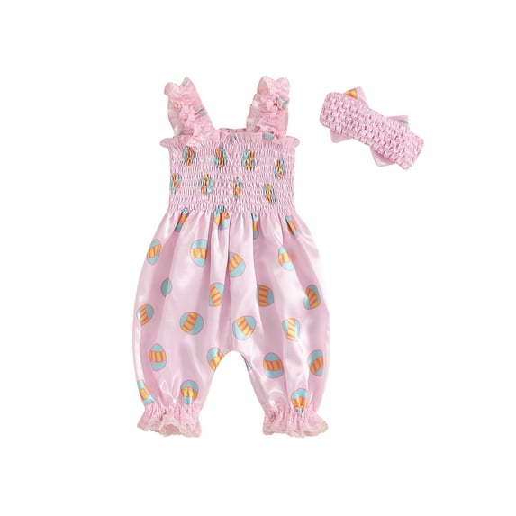 Baby Toddler Girls 2Pcs Easter Outfits 6 12 24 Months Sleeveless Easter Egg Print Smocked Romper + Headband Set Newborn Clothes