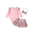 thumbnail image 1 of Baby Toddler Girls 3-piece Outfit, 0 3 6 12 18 Months Long Sleeve Romper with Plaid Skirt Bowknot Headband Fall Outfit, 1 of 9