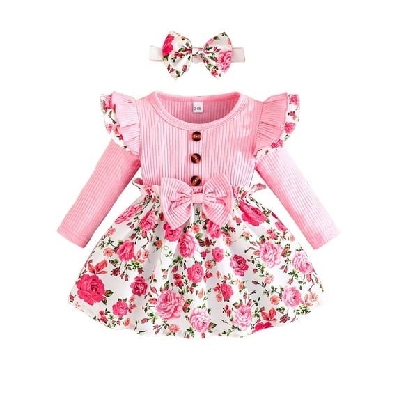 Baby Toddler Girls Autumn A-line Dresses 3 6 9 12 18 24 Months Long Sleeve Round Neck Floral Princess Dress with Headband